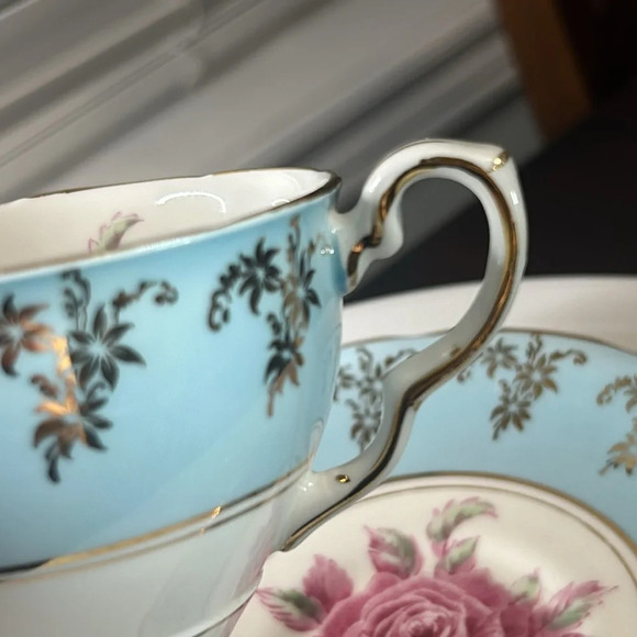 Antique Royal  Stafford Margaret Rose Blue Tea Cup and Saucer Bone China England - Picture 7 of 12